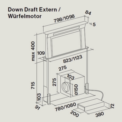 Falmec Downdraft 120 Edelstahl Glas schwarz 120cm EEK:B