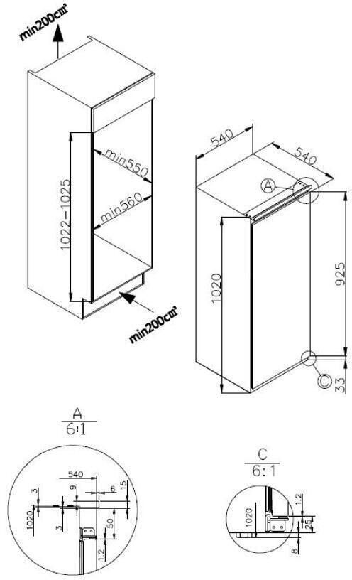 Amica EKSS 361 215 Einbau-Kühlschrank Schlepptür Nische 102cm EEK:E