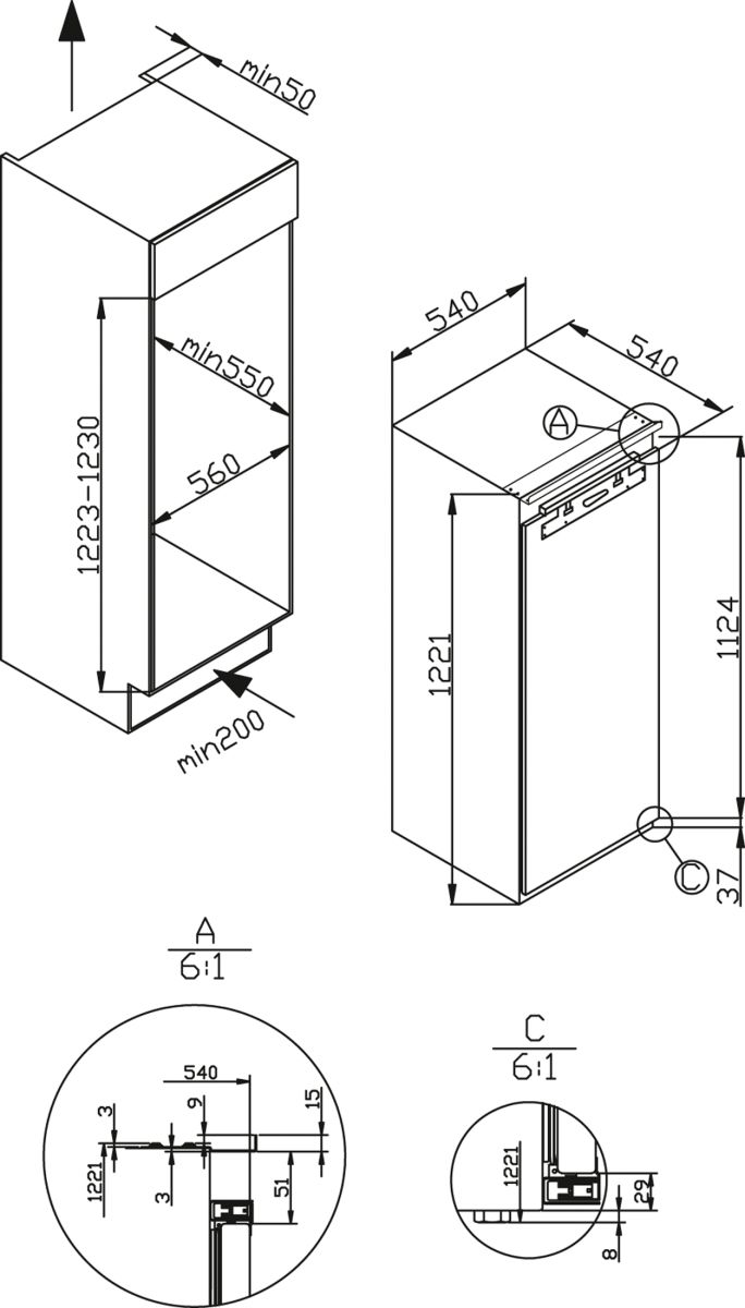 Amica EKSX 362 230 Einbau-Kühlschrank Festtür 122,6cm EEK:E