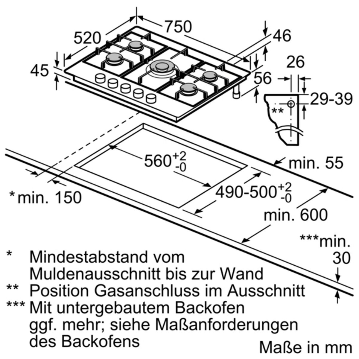 Siemens ER7A6RB70D Gaskochfeld autark 75cm Glas schwarz